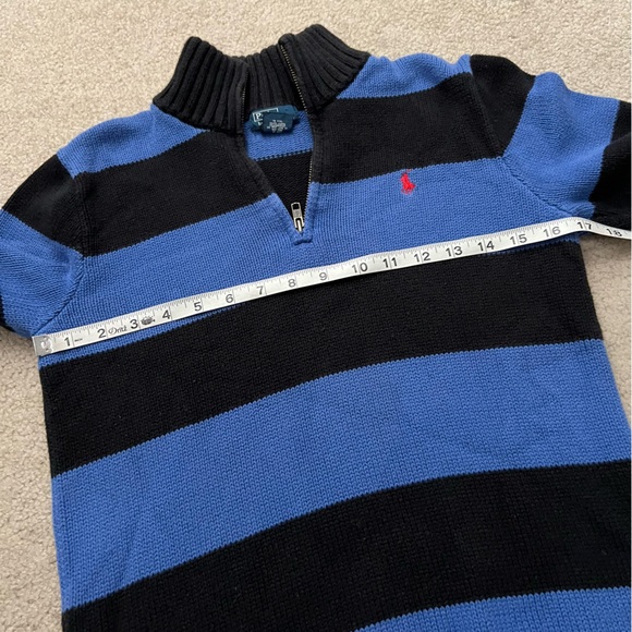 Vintage 90s Polo by Ralph Lauren Black + Blue Rugby Stripe 1/4 Zip Knit Sweater - Picture 8 of 11